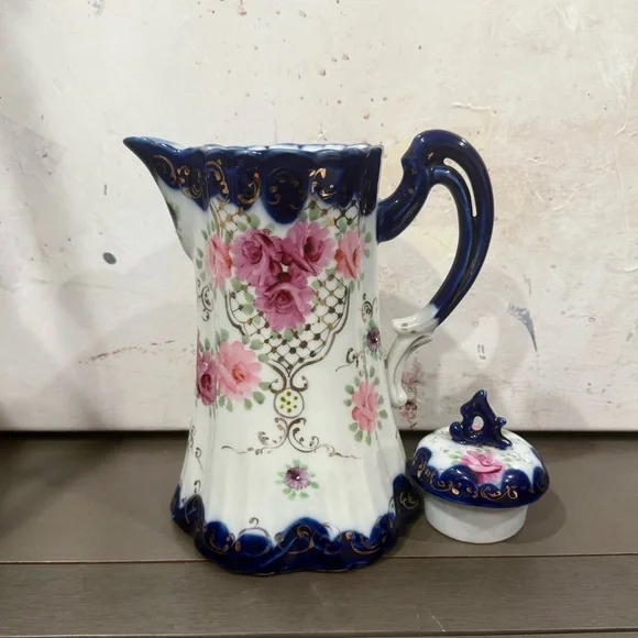 Antique Vintage Chocolate Pot Cobalt Blue Floral Porcelain Pristine Unmarked - Picture 4 of 5